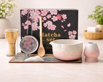 Pink Crystalline Matcha Bowl Set, Elegant Ceramic Matcha Ceremony Kit