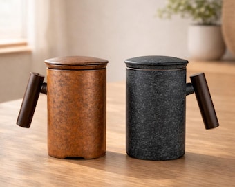 Handcrafted Ceramic Infuser Mug Set Minimalist Stoneware Wooden Handle Designed for Loose Leaf Brewing