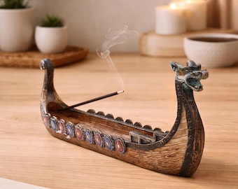 Quemador de incienso de barco dragón vikingo, soporte de resina para varillas de mitología nórdica.
