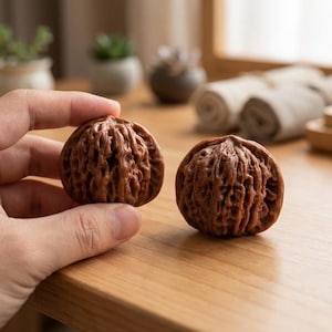 Puede incluir: Dos tallas de nueces marrones con superficies texturizadas y detalladas. Una es sostenida por una mano, la otra descansa sobre una superficie de madera. Las tallas son de un rico color marrón natural.