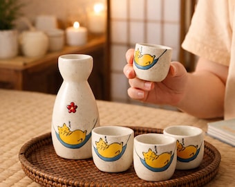 Cat Sake Set Ceramic Tokkuri Cups Wabi Sabi Porcelain Bottle Minimalist Drinkware Gift Design
