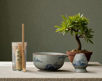 Crackle Glaze Matcha Tea Ceremony Set Hand Painted Landscape Ceramic Bowl Whisk Gift Kit