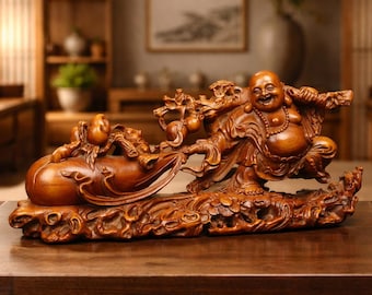 Hand Carved Wooden Buddha Statue, Smiling Maitreya Zen Meditation Decor Figurine