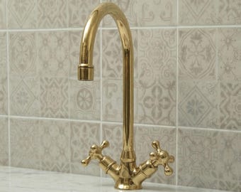 Unlacquered Brass Bathroom Faucet, Moroccan Gooseneck Tap, Vintage Solid Brass Sink Fixture, Rustic Gold Cross Handle Basin Mixer, Handmade