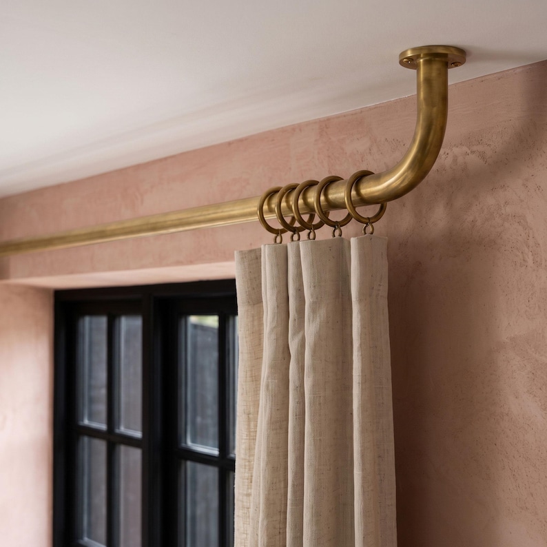 Solid Brass Ceiling Curtain Rod, French Return With Rings, Unlacquered