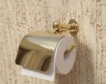Unlacquered Brass Toilet Paper Holder with Cover, Wall Mounted Toilet Roll Holder, Moroccan Vintage Bathroom Decor, Solid Brass Hardware