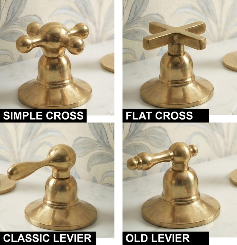 May include: Four brass faucet handles with a metallic finish. The top left is labeled SIMPLE CROSS, the top right is FLAT CROSS, the bottom left is CLASSIC LEVIER, and the bottom right is OLD LEVIER. Each handle features a circular base.