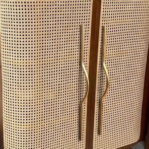 May include: A cabinet featuring two doors with light beige woven cane panels and long, vertical, curved gold-toned metal handles. The frame of the cabinet is constructed from a smooth, dark brown wood that contrasts with the textured rattan.