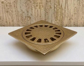 Unlacquered Brass Floor Drain Cover - Hand Hammered Moroccan Shower Drain - Rustic Vintage Square Brass Floor Grate - Solid Brass Hardware