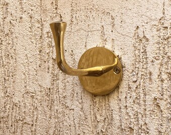 Unlacquered Brass Wall Hook • Solid Gold Coat Hanger • Mid Century Modern Trumpet Hook for Bathroom Towel & Entryway • Heavy Duty Hardware