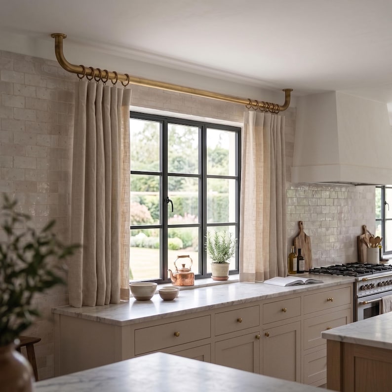 Solid Brass Ceiling Curtain Rod, French Return With Rings, Unlacquered