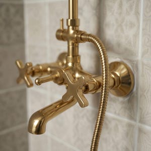 Unlacquered Brass Shower System, Exposed Pipe Rain Shower Head, Handheld Sprayer & Tub Filler, Vintage Wall Mount Shower Set, Cross Handles image 6