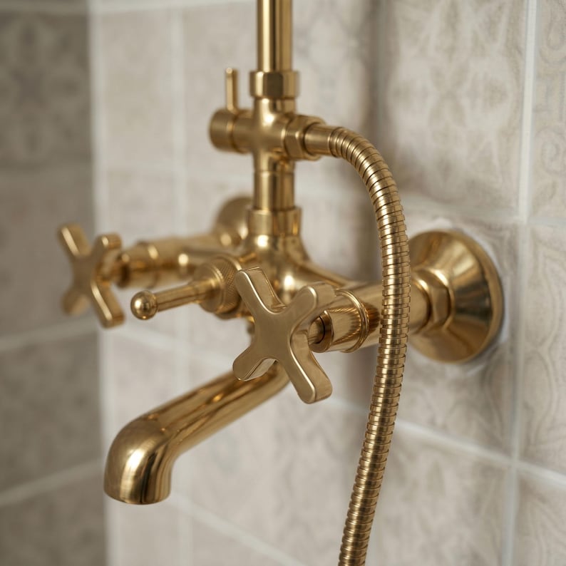 Unlacquered Brass Shower System, Exposed Pipe Rain Shower Head, Handheld Sprayer & Tub Filler, Vintage Wall Mount Shower Set, Cross Handles image 6