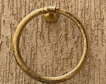 Unlacquered Brass Towel Ring – Engraved Solid Brass Bathroom Towel Holder – Moroccan Style Wall Mount Hand Towel Hanger