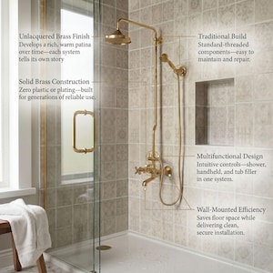 May include: A wall-mounted shower system in unlacquered brass featuring a fixed showerhead, a handheld sprayer, and a tub filler. The system includes text labels describing its solid brass construction, traditional build, and multifunctional design.