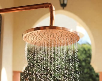 Unlacquered Solid Copper Shower Head - Handcrafted High Pressure Rainfall Showerhead for Indoor & Outdoor