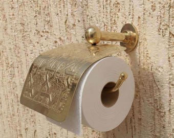 Unlacquered Brass Toilet Paper Holder with Cover, Wall Mounted Toilet Roll Holder, Moroccan Vintage Bathroom Decor, Solid Brass Hardware