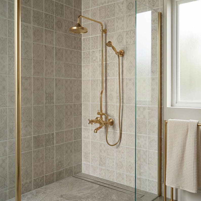 May include: A gold-toned shower system featuring a fixed overhead shower head, a handheld shower wand with a flexible hose, and a wall-mounted faucet with cross-style handles, all installed against a wall of light gray patterned square tiles.