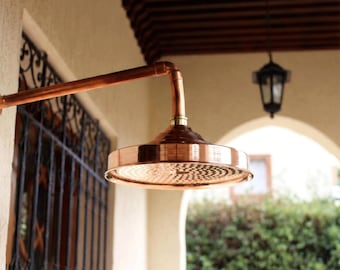 Ongelakte koperen douchekop | Handgemaakte regendouche | Tuin- en zwembadarmatuur buiten | Raw Living-afwerking