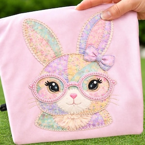 May include: A pink fabric pouch featuring a patchwork bunny face with glasses and a bow. The bunny has large, expressive eyes and is made of pastel floral fabrics. The glasses are pink, and the bow is a matching pastel color.