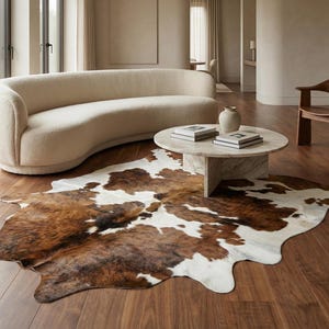 Könnte beinhalten: Ein modernes Wohnzimmer mit einem cremefarbenen, geschwungenen Sofa, einem Marmor-Couchtisch mit Büchern und einem Holzstuhl. Ein braun-weißer Kuhfellteppich liegt auf dem Holzboden und verleiht dem Raum ein natürliches Element.