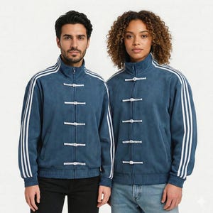 Pode incluir: Duas pessoas usando jaquetas azuis combinando com listras brancas nas mangas e fechos de alternância brancos. As jaquetas têm gola alta e zíper. As jaquetas são de cor azul sólida.