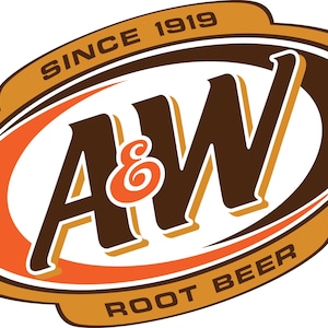 May include: A&W Root Beer logo. The logo features the letters "A&W" in a dark brown color, with an orange ampersand. The logo is set against an oval background with orange and brown accents, and the words "Since 1919" and "Root Beer" are also included.