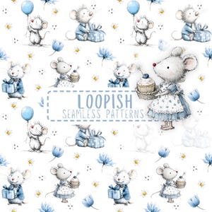 Mouse Seamless Pattern – Cute Baby Mouse Nursery Print – Blue Storybook Fabric Design – Whimsical Animal Digital Paper – Commercial Use