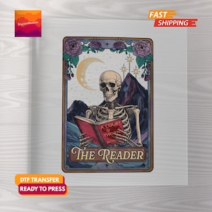 The Reader Tarot Card DTF Transfer, Ready to Press Tarot Card Book Lover Design, The Reader Skeleton DTF, Tarot Lover Gift, Book Lover Gift