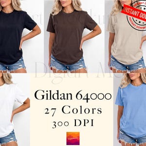 以下が含まれることがあります： 黒、茶色、ベージュ、白、青など、さまざまな色のGildan 64000 Tシャツのモックアップ。画像には「27色」と「300 DPI」の文字も含まれています。