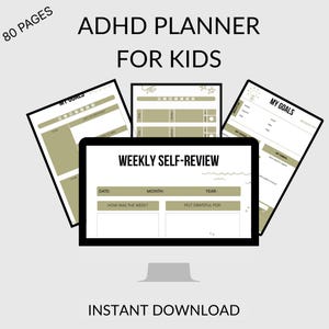 May include: An ADHD planner for kids with 80 pages. The design features a computer monitor displaying a "Weekly Self-Review" page, surrounded by other planner pages. Text includes "ADHD PLANNER FOR KIDS" and "INSTANT DOWNLOAD".