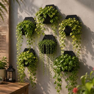 May include: A collection of five black hexagonal wall-mounted planters arranged in a cluster. Each planter holds a lush green trailing plant, including heart-shaped leaves and a string of pearls succulent, cascading down the wall surface.