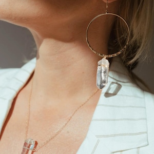 Clear Quartz Crystal Gold Necklace & Hammered Hoop Earrings Set – Boho Jewelry
