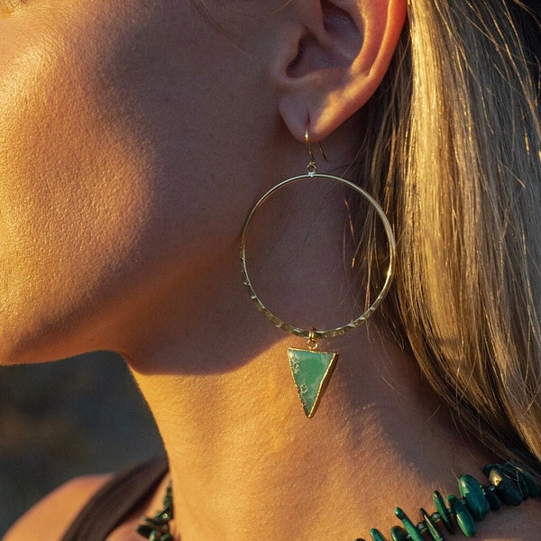 Chrysoprase Gold Hoop Earrings - Triangle Statement Earrings - Best Friend Gift- Hoop Earrings With Charm - Boho Jewelry-Green Earrings