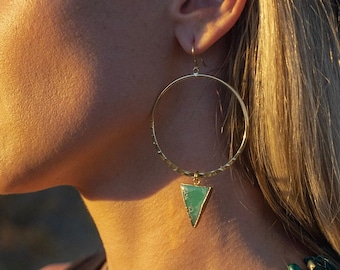 Chrysoprase Gold Hoop Earrings - Triangle Statement Earrings - Best Friend Gift- Hoop Earrings With Charm - Boho Jewelry-Green Earrings