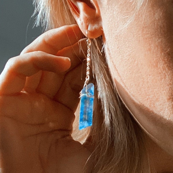 Blue Quartz Crystal Boho Drop Sterling Silver Earrings - Quartz Crystal Blue Gemstone Gold Earrings - Cute Earrings - Bridal Earrings