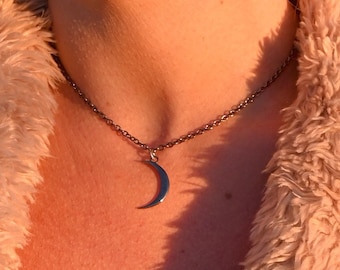 Crescent Moon Necklace Sterling Silver Necklace Moon Pendant Celestial Jewelry Boho Necklace Gunmetal Pendant Necklace Witch Jewelry