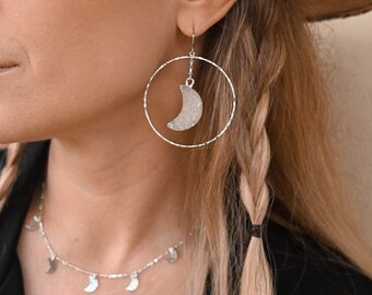 Gemstone Earrings - Druzy Agate Moons - Silver Hoop Earrings - Celestial Earrings - Crystal Earrings-Unique Earrings For Women-Boho Earrings