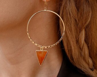 Carnelian Gemstone Gold Hoop Earrings - Hammered Gold Earrings - Carnelian Jewelry - Minimalist Earrings - Boho Earrings - Gemstone Earrings