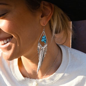Turquoise Gemstone Silver Dangle Earrings - Boho Tassel Earrings - Statement Earrings - Bridal Earrings - Handmade Earrings For Women