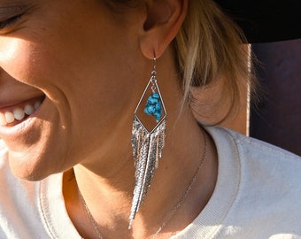 Turquoise Gemstone Silver Dangle Earrings - Boho Tassel Earrings - Statement Earrings - Bridal Earrings - Handmade Earrings For Women
