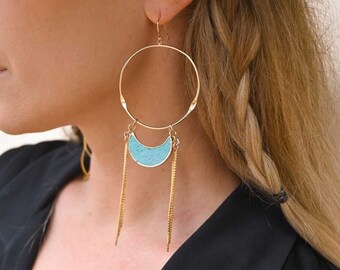 Blue Moon Gemstone Gold Hoop Earrings - Agate Crystal Earrings - Unique Earrings - Statement Earrings - Boho Earrings - Aesthetic Earrings