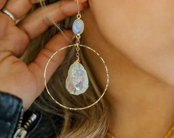 Angel Aura Quartz Moonstone Gold Hoop Earrings – Boho Crystal Jewelry