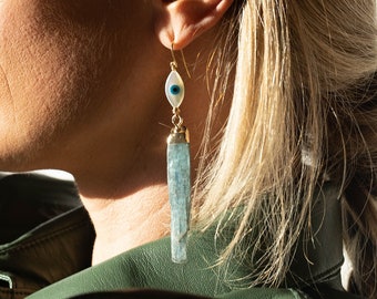 Kyanite Crystal Boho Earrings - Evil Eye Unique Earrings - Gold Earrings Dangle - Sister Gift - Girlfriend Gift - Statement Earrings