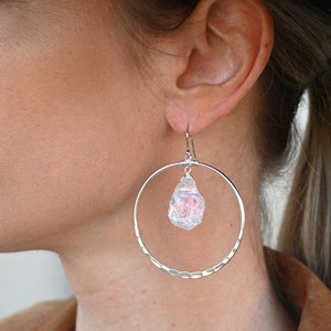 Angel Aura Quartz - Silver Hoop Earrings - Crystal Earrings - Statement Earrings - Boho Earrings - Hammered Silver Earrings - Cool Earrings