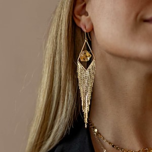 Raw Citrine Gold Fringe Earrings – Boho Crystal Statement Tassel Dangle Earrings