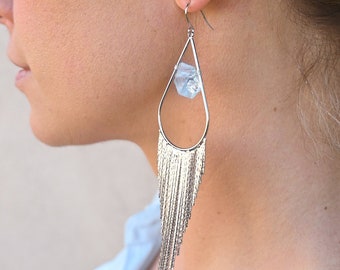 Aquamarine Crystal Silver Fringe Earrings - Statement Earrings - Boho Bridal Earrings-Unique Wedding Earrings-Gift For Wife-Tassel Earring