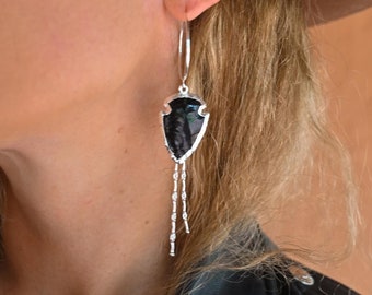 Obsidian Gemstone Silver Dangle Earrings -  Boho Earrings - Bridal Earrings - Handmade Earrings For Women - Birthstone Jewelry