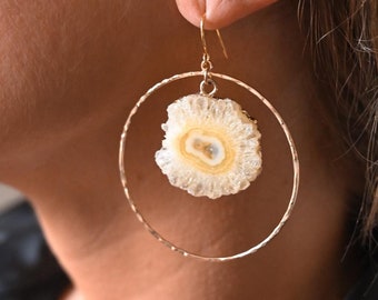 Solar Quartz Gold Hoop Earrings - Gemstone Pendant Statement Earrings - Geometric Earrings-Boho Earrings For Women-Unique Earrings For Women