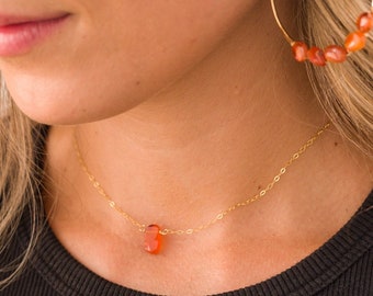 Carnelian Gold Chain Necklace - Minimalist Choker Necklace - Dainty Bridal Jewelry - Carnelian Pendant - Gold Filled Necklace-Boho Necklace
